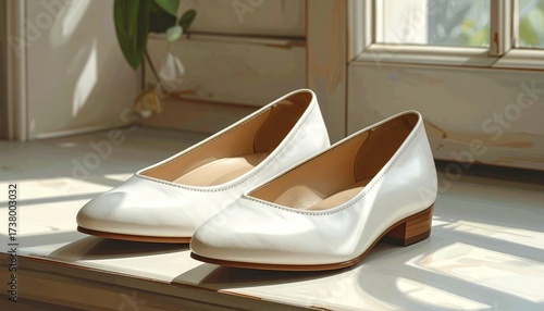 Describe a pair of white ballet flats with pointed toes and beige lining on a light gray surface. Highlight their sleek design, glossy finish, and modern elegance for fashion or retail use.