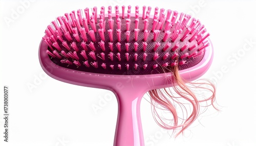 Describe a pink hairbrush with curved handle and densely packed plastic bristles on a white background. Highlight its glossy finish, ergonomic design, and utility for grooming and detangling hair.
