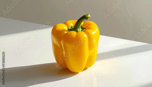 Describe a fresh yellow bell pepper with green stem on a white surface, casting a soft shadow. Highlight its glossy texture, vibrant color, and appeal for food, nutrition, or visual design.