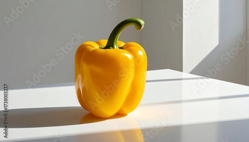 Describe a fresh yellow bell pepper with green stem on a white surface, casting a soft shadow. Highlight its glossy texture, vibrant color, and appeal for food, nutrition, or visual design.
