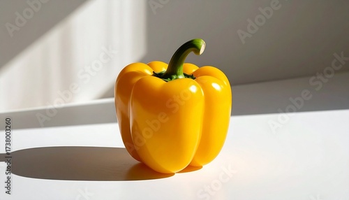 Describe a fresh yellow bell pepper with green stem on a white surface, casting a soft shadow. Highlight its glossy texture, vibrant color, and appeal for food, nutrition, or visual design.