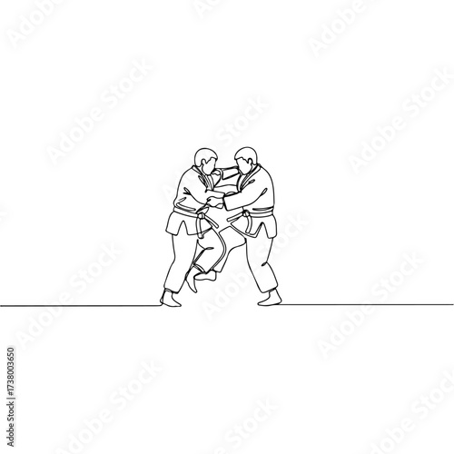Two judo athletes practicing grappling techniques on white background