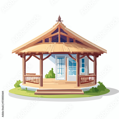 Beautiful, charming, open-air pavilion with a detailed, angled roof, wooden railings, glass doors, and a surrounding green lawn, perfect for outdoor relaxation and gatherings