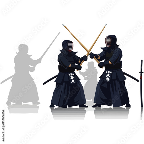 Kendo practitioners sparring with bamboo swords, isolated on white