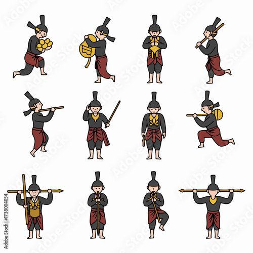 Stylized traditional Southeast Asian figures in historical attire, engaged in various cultural activities with instruments and weapons.