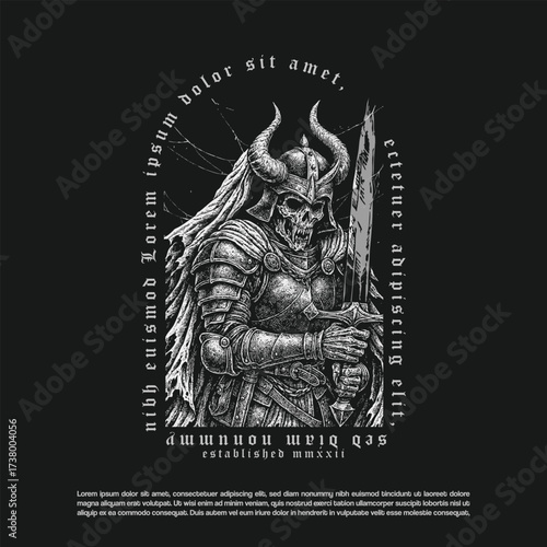 Horned skeleton demon knight wearing armor with cap and holding sword design vector
