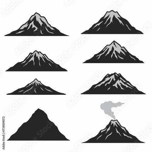 Set of stylized mountain and volcano icons, featuring peaks with snow caps, a solid silhouette, and an erupting volcano with smoke, on a white background.