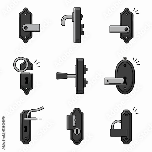 Illustrated collection of diverse door handles and locking mechanisms, including levers, keyholes, and security elements, on a white background.