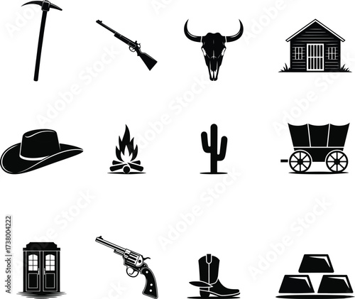 Wild West Cowboy and Frontier Icons Set