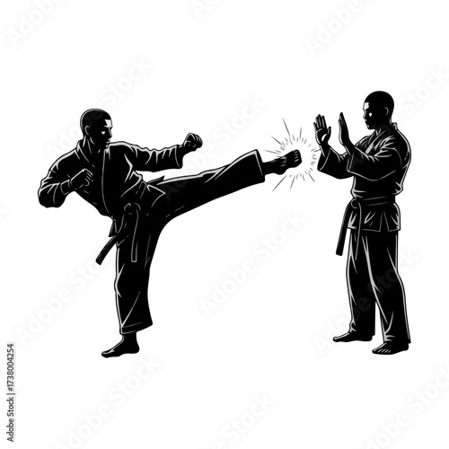 Martial artist kicking opponent during training session in silhouette