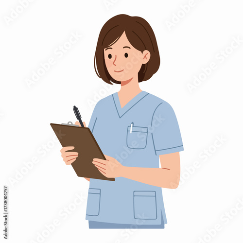 Friendly female nurse or doctor in blue scrubs taking notes on a clipboard, representing professional healthcare services. Illustration on white background.
