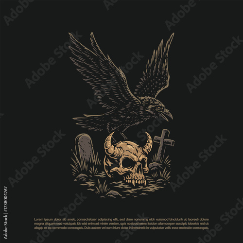 Hand drawn dark art crow on demon skull with graveyard cemetery background vector