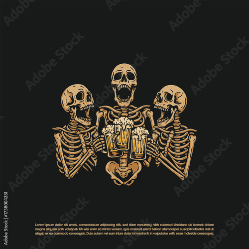 Hand drawn three skeleton drinking beer and cheering each other 