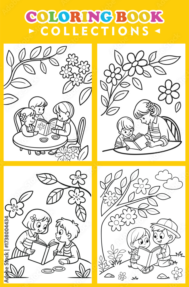 Fototapeta premium A Childrens Coloring Book Showcases Kids Reading Together In Nature Scenes