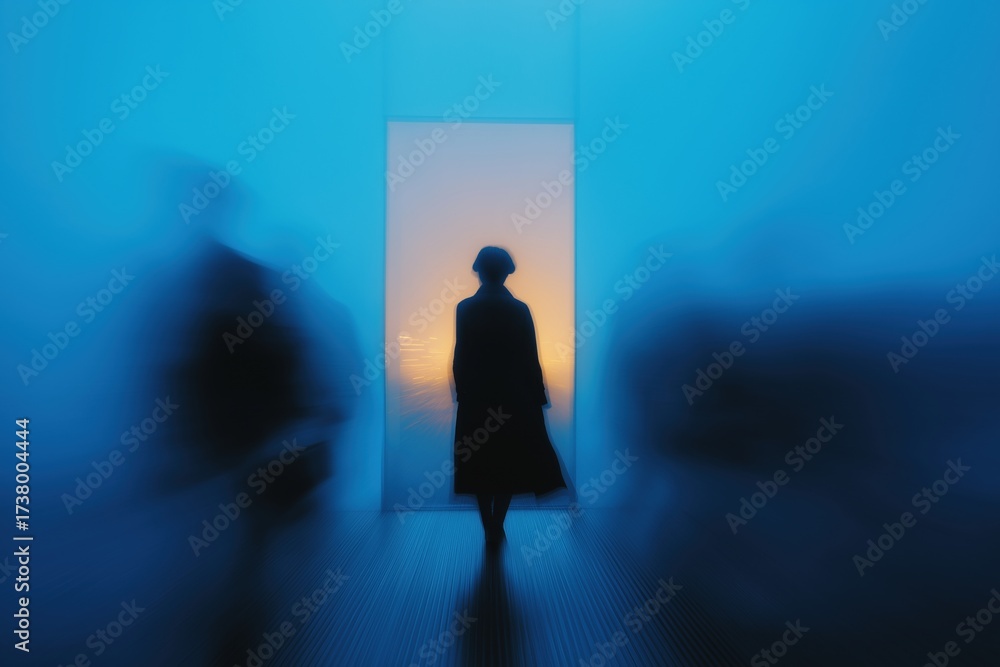 Fototapeta premium Single person walking toward glass exit framed by fast-moving blurred silhouettes