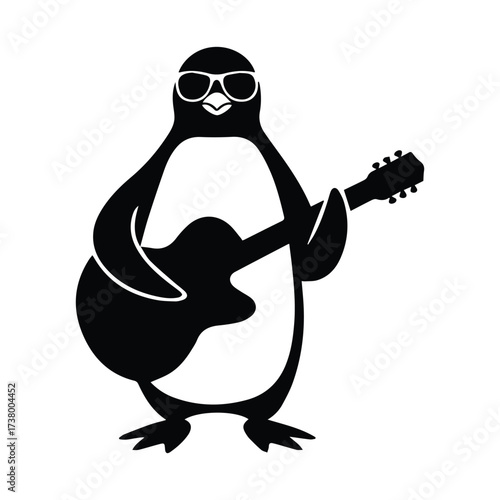 Cool penguin wearing sunglasses playing an acoustic guitar fun music concept silhouette