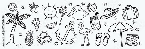Hand drawn summer doodles, beach party, vacation and travel doodle elements. Tropical leaves, fruits and cocktails sketches, cute summertime line stickers vector set