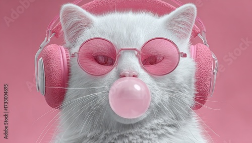 Whimsical white cat with pink headphones and sunglasses pops bubblegum, radiating playful, modern, and vibrant energy for advertising and social media