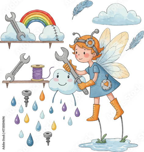Boy and girl cartoon illustration with swords and joyful childhood elements