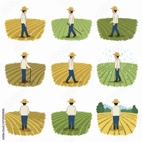 A collection of illustrations showing a farmer working in different fields under various conditions, including dry, green, and rainy weather, symbolizing agricultural processes and seasons.