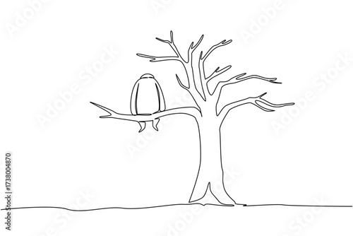 Continuous one line drawing an orangutan sitting on large dry tree branch. Scarcity of endemic animals without cultivation. National Endangered Species Day. Single line draw design vector illustration