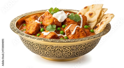 Delicious paneer tikka masala served in an ornate golden bowl with naan bread