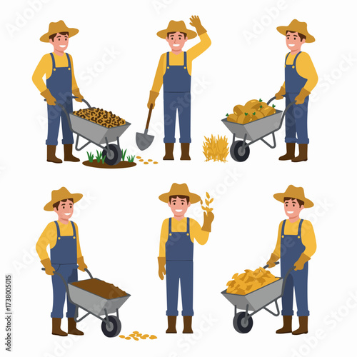 Happy Farmers Working: An Illustration Set of Agricultural Workers with Wheelbarrows, Shovel, and Crops.