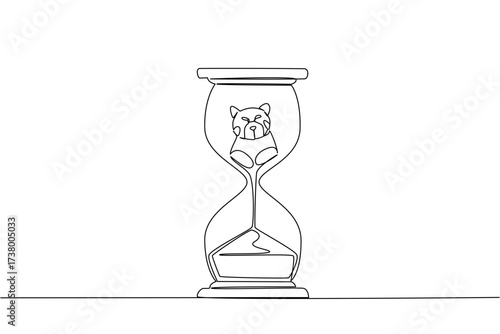 Single continuous line drawing lower body of red panda is sucked by the sand in the hourglass. Climate change causes habitat loss. National Endangered Species Day. One line design vector illustration