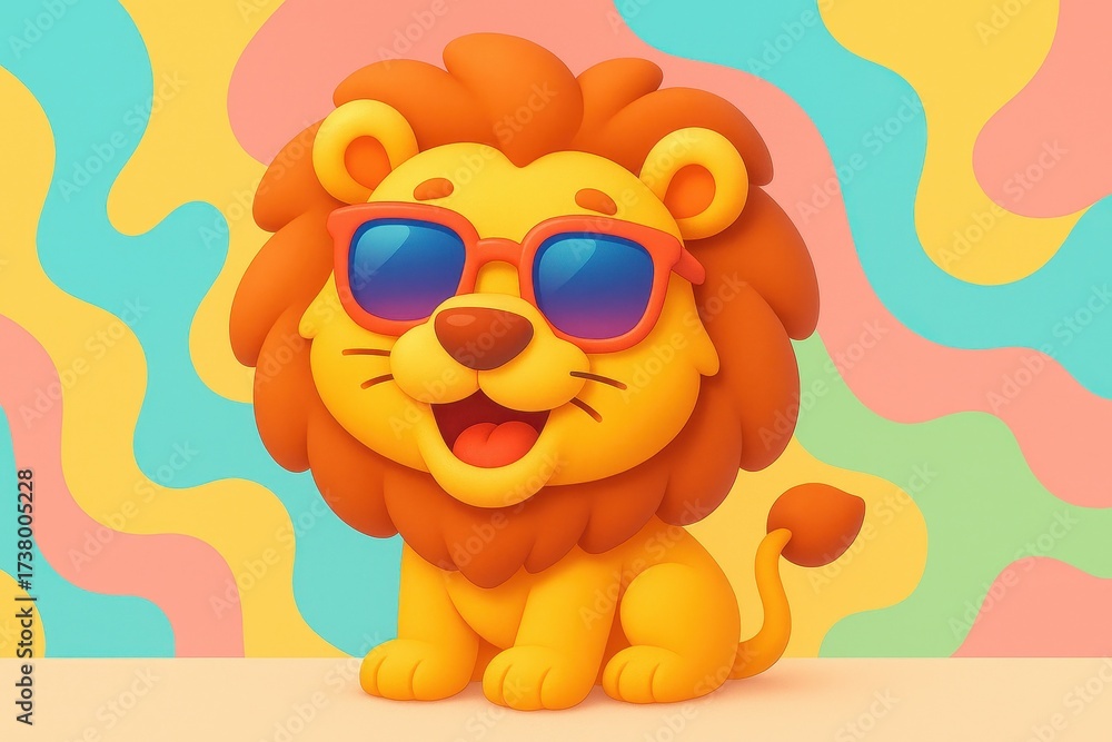 Naklejka premium Charming cartoon lion character wearing cool sunglasses against a colorful abstract background