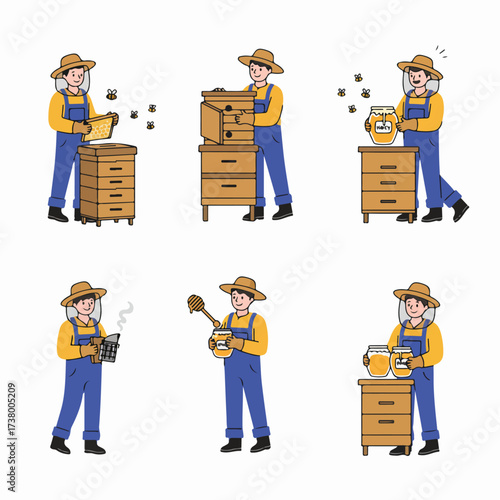 Illustrations depicting a beekeeper's various tasks in honey production, from inspecting beehives to harvesting and packaging fresh, natural honey.