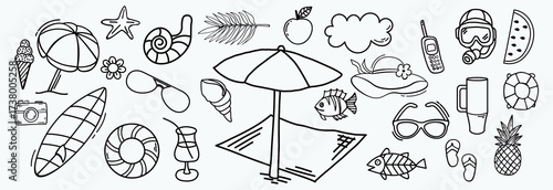 Hand drawn summer doodles, beach party, vacation and travel doodle elements. Tropical leaves, fruits and cocktails sketches, cute summertime line stickers vector set