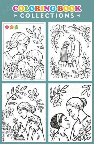 Coloring Book Page Featuring Family Portraits And Floral Arrangements Design