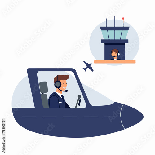 Pilot in cockpit communicating with air traffic controller at airport tower, illustrating air travel and flight management.