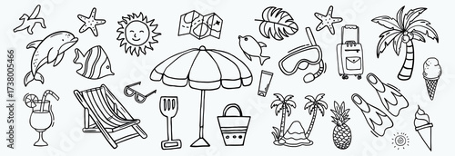 Hand drawn summer doodles, beach party, vacation and travel doodle elements. Tropical leaves, fruits and cocktails sketches, cute summertime line stickers vector set