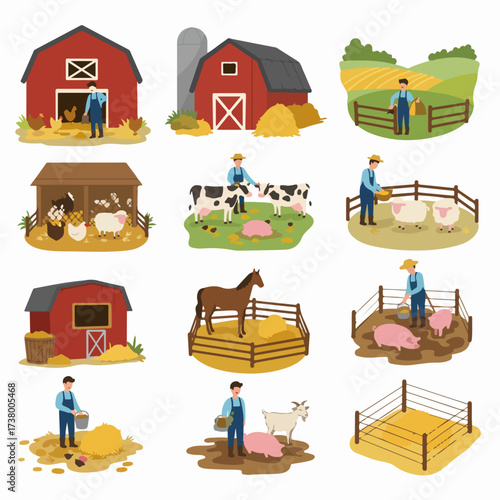 A collection of flat design illustrations showing farmers working with various livestock and farm animals in different agricultural settings, including barns, pastures, and pens.