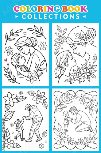 Delightful Coloring Book Page Features Loving Families Surrounded By Flowers