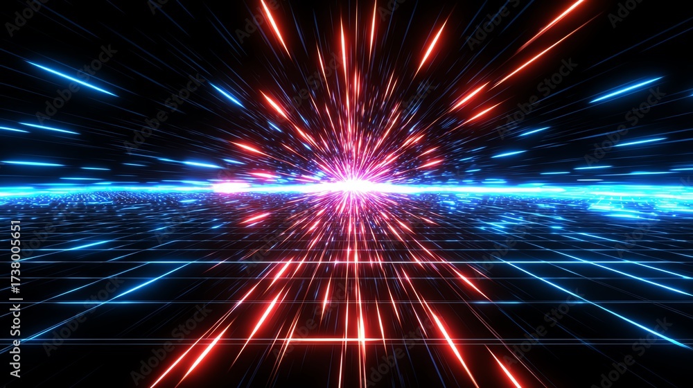 Obraz premium A dynamic visualization of vibrant red and blue lights bursting into motion, creating an energetic atmosphere reminiscent of futuristic technology and digital innovation.
