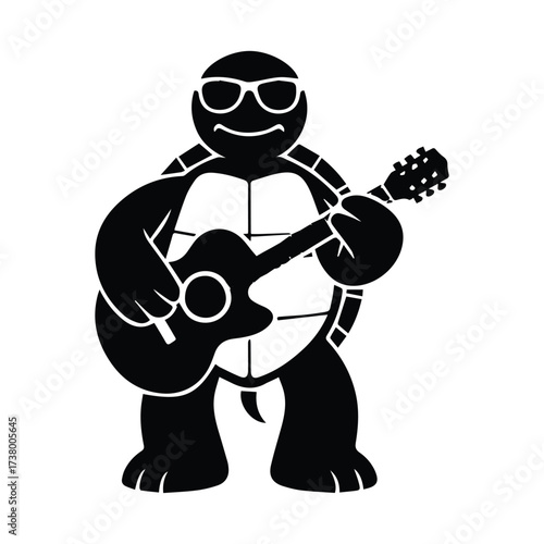 Cool turtle character playing acoustic guitar wearing sunglasses fun wildlife musician concept silhouette