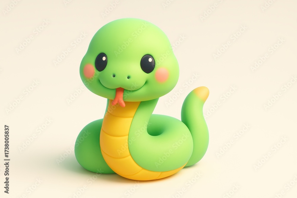Fototapeta premium Cute green and yellow snake with large expressive eyes and a friendly smile