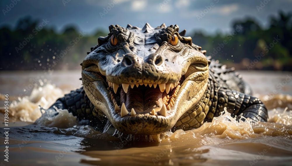 Obraz premium Fierce Alligator in River Wildlife with Reptile, Predator, and Closeup.