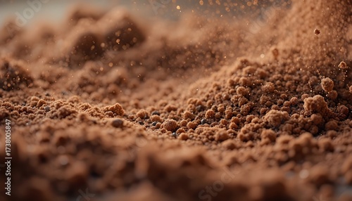 Wallpaper Mural "Extreme macro photography of chocolate powder scattering, highlighting grainy particles and intricate textures in mid-motion, soft warm tones for a festive look." Torontodigital.ca