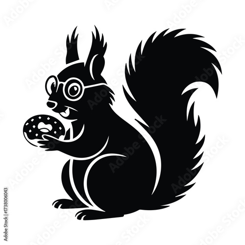 Cute black squirrel with glasses holding a donut silhouette icon graphic design silhouette