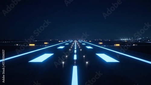 Realistic futuristic airport runway glowing at night