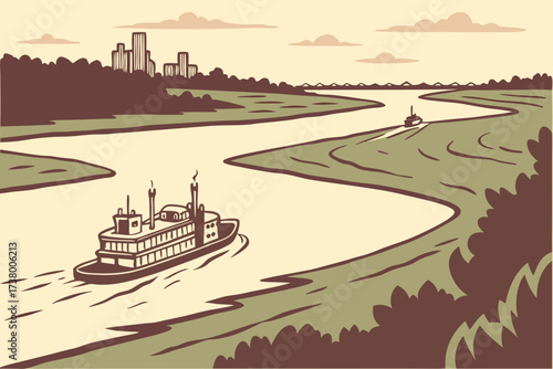 Mississippi River flowing near New Orleans, Louisiana, wide muddy waters with paddleboats and city skyline in the distance