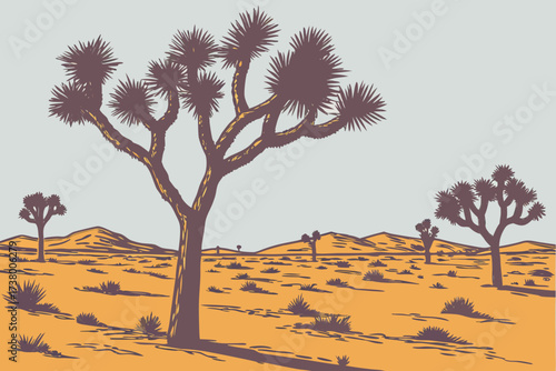 Mojave Desert in California, wide arid expanse dotted with Joshua trees under cloudless sky