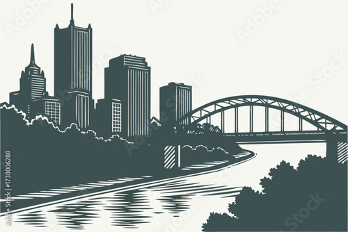 Monongahela River in Pittsburgh, Pennsylvania, flowing past city skyscrapers and iconic riverfront bridges