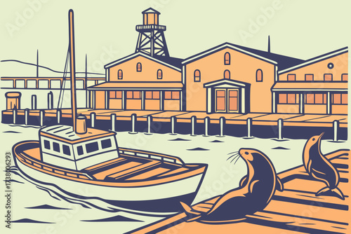 Monterey Harbor in California, fishing boats and sea lions resting near historic Cannery Row