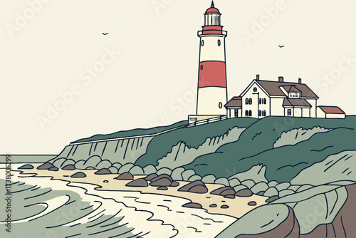 Montauk Point Lighthouse in Long Island, New York, red-and-white tower on high bluff overlooking Atlantic surf