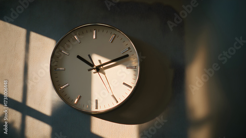 Wall clock casting shadows in soft light, showcasing modern design and elegant simplicity