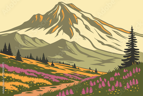 Mount St. Helens in Washington, volcanic summit with rugged crater slopes and wildflower meadows below